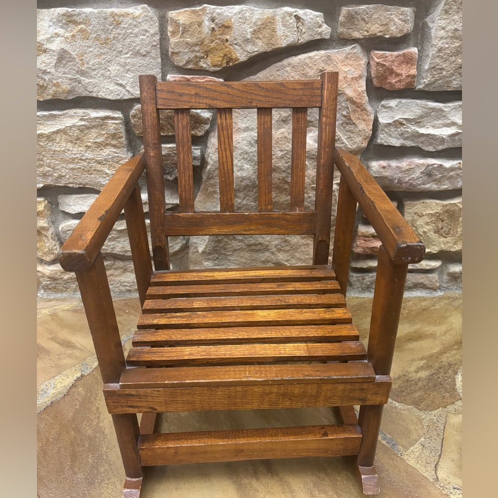 Vintage Wooden Oak Slat Childs Doll Rocking Chair Primitive Rustic, 17 in tall
